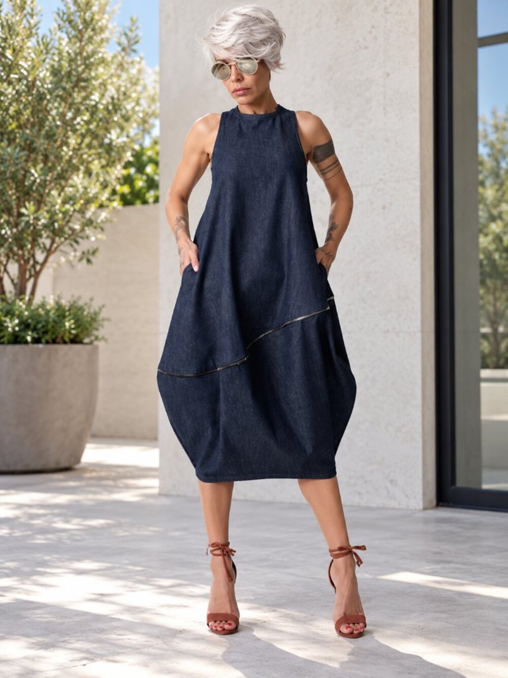 Locker Room Balloon Denim Dress Dark Blue Racerback with Zipper Details Sz L
